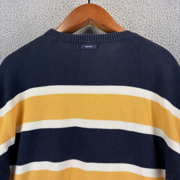 NAUTICA Sweater Mens XXL Blokecore Preppy Old Money Navy Striped 100% Cotton - Picture 10 of 11